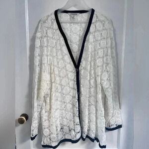 Misook Exclusively White Crochet Lace Long Sleeve Jewel Button Sweater 3X